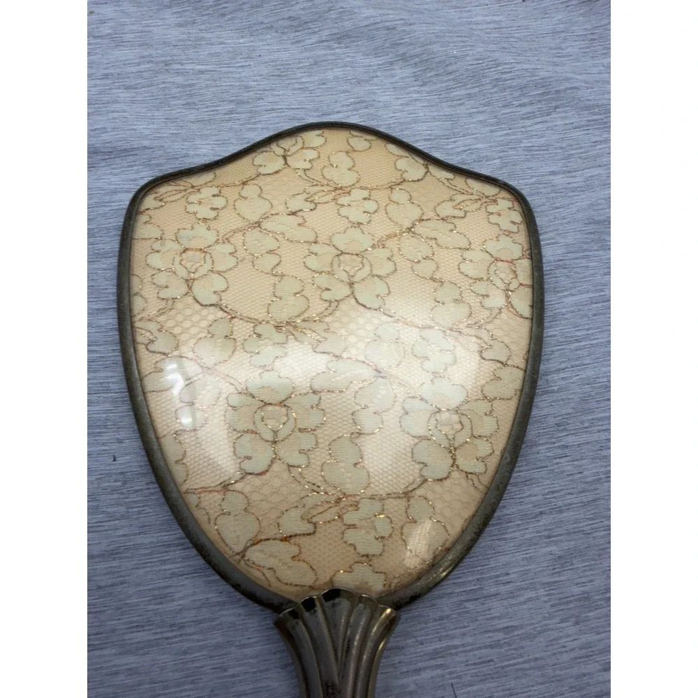 Vintage Gold Tone Hand Mirror Art Deco Floral Lace Inlay Shield Shape 12.5 Inch